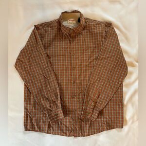 Wrangler Authentics Mens Large Long Sleeve Button Up Shirt Orange Gray Checkered